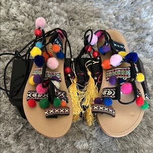 Colorful Pom Pom Sandals Tie Up Gladiators